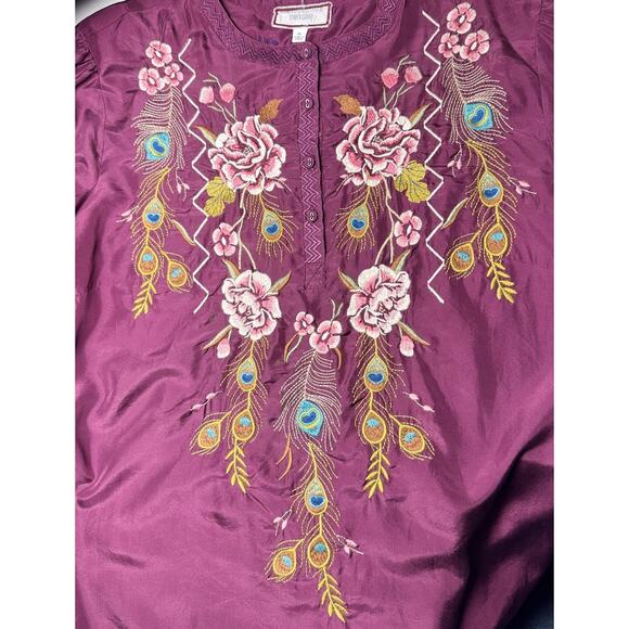 Johnny Was Workshop XL Purple Silk Peacock Quito Blouse Embroidery Button V Neck - Picture 7 of 12